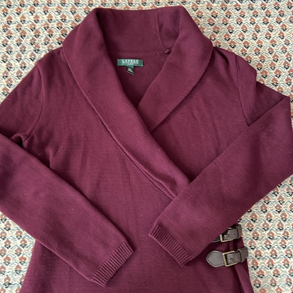 EUC Lauren Ralph Lauren Elegant Burgundy Wrap Cotton Blend Sweater Dress Size L